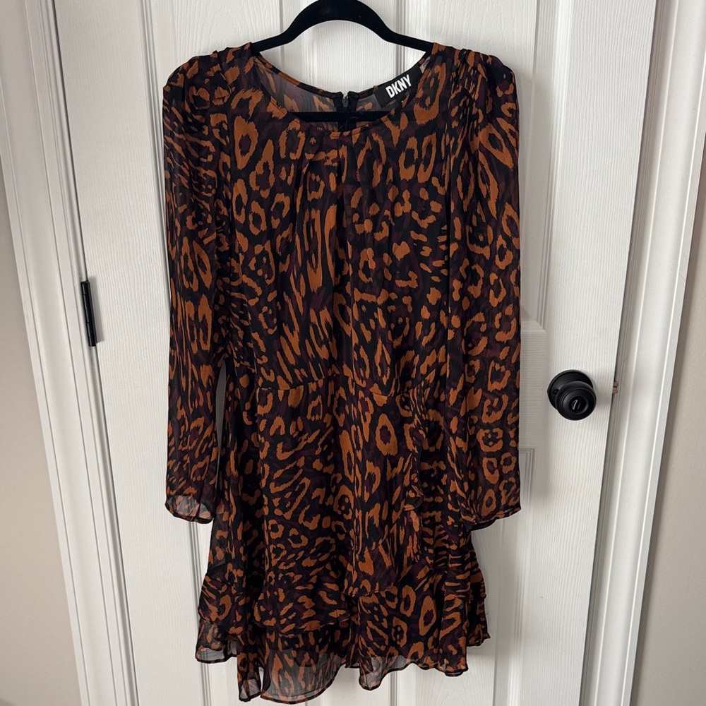 DKNY Women's Long Sleeve Animal Print Dress - Black and Brown